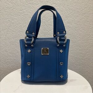 MCM Blue Leather Tote with Silver Hardware
